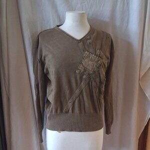junguo med Brown vintage 90s sweater with unique pocket and ribbon rivets detail